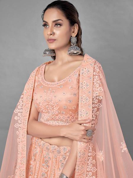 Myra Peach Heavy Embroidered Soft Net bridal Lehenga | Grocsy