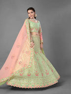 Myra Beautiful Pista Heavy Embroidered Art Silk Bridal Lehenga | Grocsy