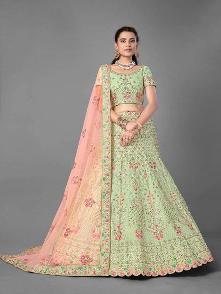 Myra Beautiful Pista Heavy Embroidered Art Silk Bridal Lehenga | Grocsy