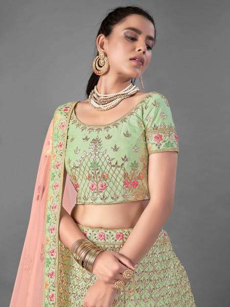 Myra Beautiful Pista Heavy Embroidered Art Silk Bridal Lehenga | Grocsy