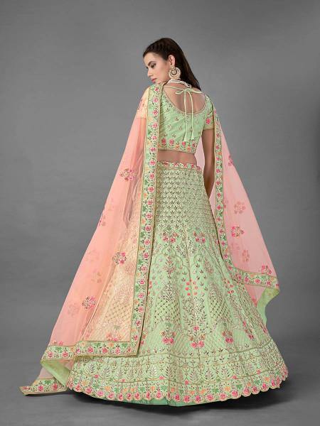Myra Beautiful Pista Heavy Embroidered Art Silk Bridal Lehenga | Grocsy