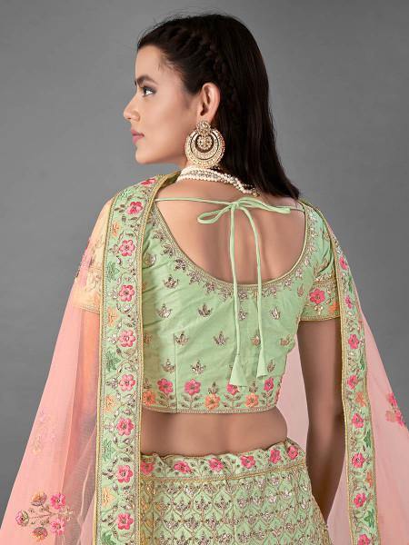 Myra Beautiful Pista Heavy Embroidered Art Silk Bridal Lehenga | Grocsy