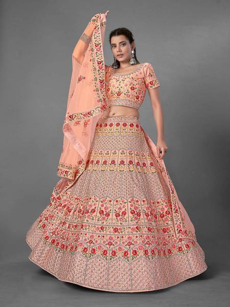 Myra Peach Heavy Embroidered Art Silk Bridal Lehenga | Grocsy
