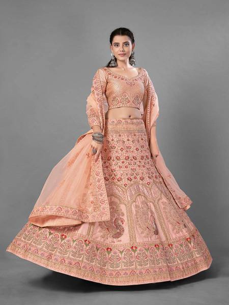 Myra Peach Heavy Embroidered Satin Bridal Lehenga | Grocsy