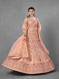 Myra Peach Heavy Embroidered Satin Bridal Lehenga | Grocsy
