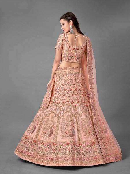 Myra Peach Heavy Embroidered Satin Bridal Lehenga | Grocsy