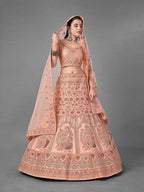 Myra Peach Heavy Embroidered Satin Bridal Lehenga | Grocsy