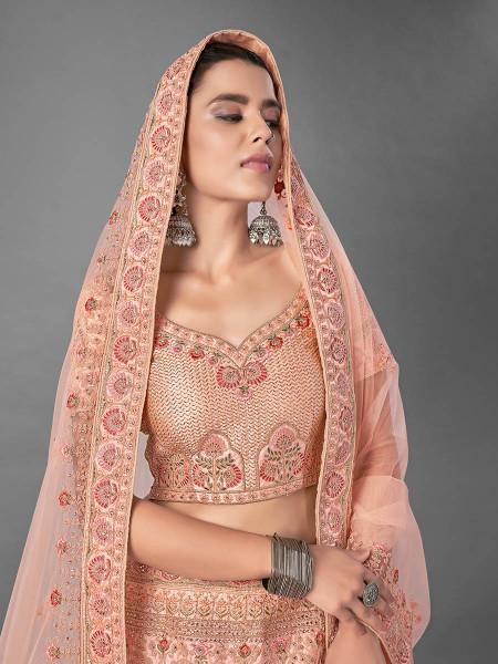 Myra Peach Heavy Embroidered Satin Bridal Lehenga | Grocsy