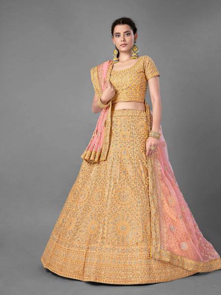 Myra Latest Yellow Heavy Embroidered Art Silk Bridal Lehenga | Grocsy