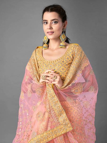 Myra Latest Yellow Heavy Embroidered Art Silk Bridal Lehenga | Grocsy