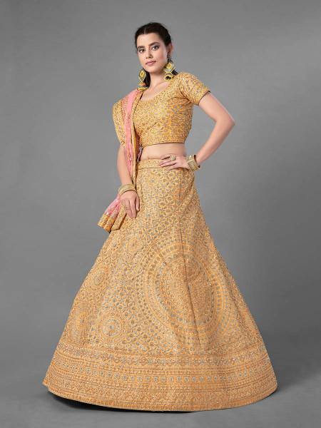 Myra Latest Yellow Heavy Embroidered Art Silk Bridal Lehenga | Grocsy