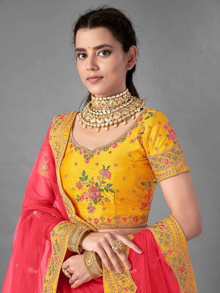 Myra Beautiful Yellow Heavy Embroidered Art Silk Bridal Lehenga | Grocsy