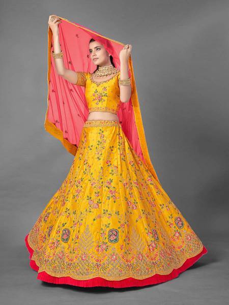 Myra Beautiful Yellow Heavy Embroidered Art Silk Bridal Lehenga | Grocsy