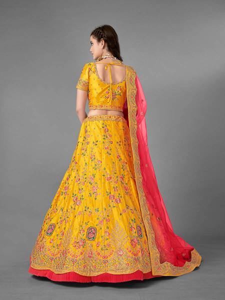 Myra Beautiful Yellow Heavy Embroidered Art Silk Bridal Lehenga | Grocsy