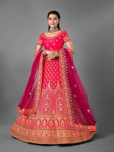 Myra Pink Heavy Embroidered Satin Bridal Lehenga | Grocsy