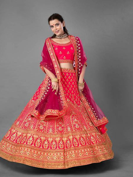 Myra Pink Heavy Embroidered Satin Bridal Lehenga | Grocsy