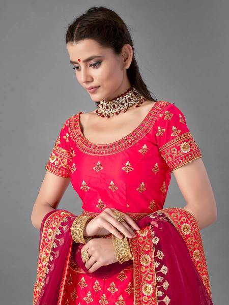 Myra Pink Heavy Embroidered Satin Bridal Lehenga | Grocsy