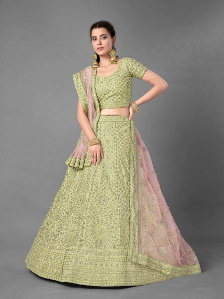 Myra Pista Heavy Embroidered Art Silk Bridal Lehenga | Grocsy