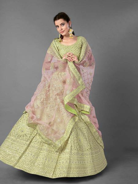 Myra Pista Heavy Embroidered Art Silk Bridal Lehenga | Grocsy