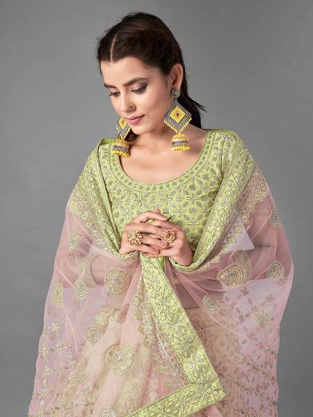 Myra Pista Heavy Embroidered Art Silk Bridal Lehenga | Grocsy