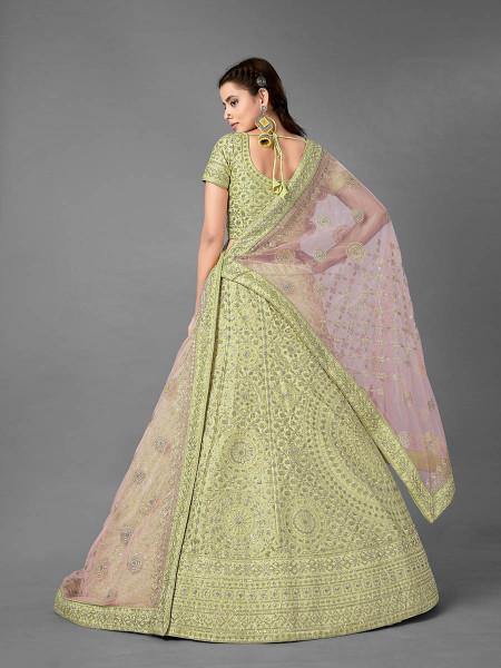 Myra Pista Heavy Embroidered Art Silk Bridal Lehenga | Grocsy