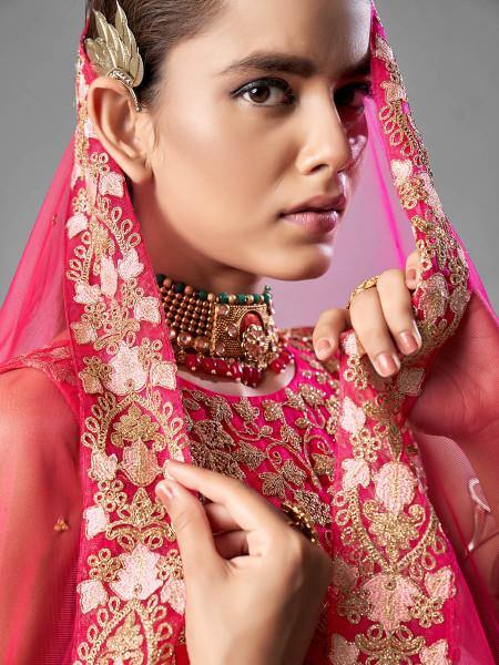 Myra Red Heavy Embroidered Soft Net Bridal Lehenga | Grocsy