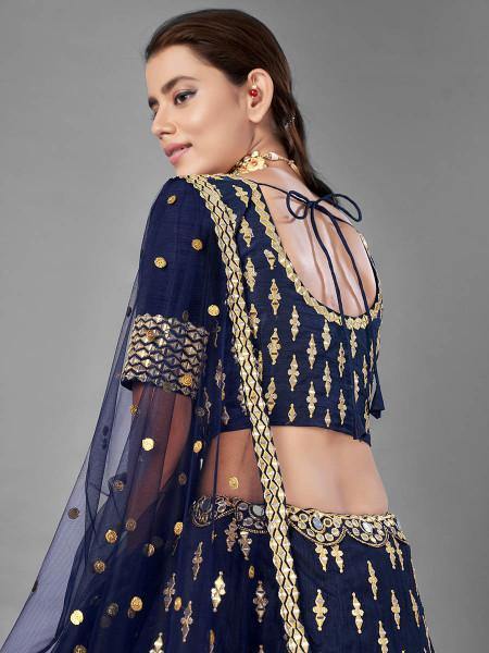 Myra Navy Blue Heavy Embroidered Art Silk Bridal Lehenga | Grocsy