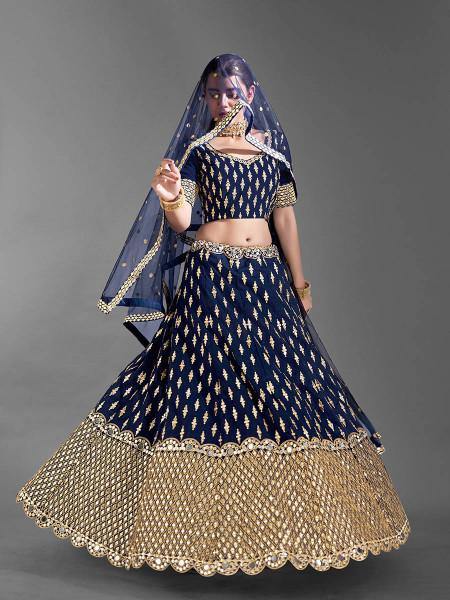 Myra Navy Blue Heavy Embroidered Art Silk Bridal Lehenga | Grocsy