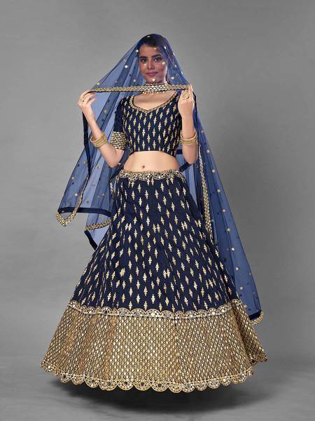 Myra Navy Blue Heavy Embroidered Art Silk Bridal Lehenga | Grocsy