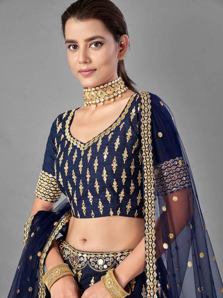 Myra Navy Blue Heavy Embroidered Art Silk Bridal Lehenga | Grocsy
