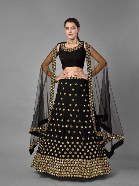 Myra Black Heavy Embroidered Georgette Bridal Lehenga | Grocsy