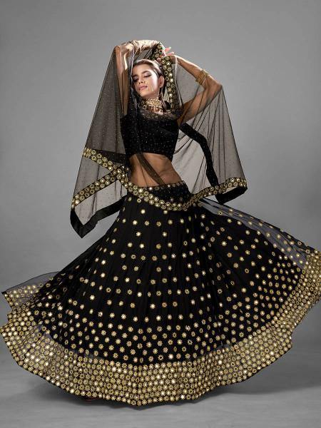 Myra Black Heavy Embroidered Georggette bridal Lehenga | Grocsy