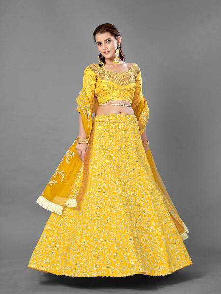 Myra Yellow Heavy Embroidered Art Silk bridal Lehenga | Grocsy
