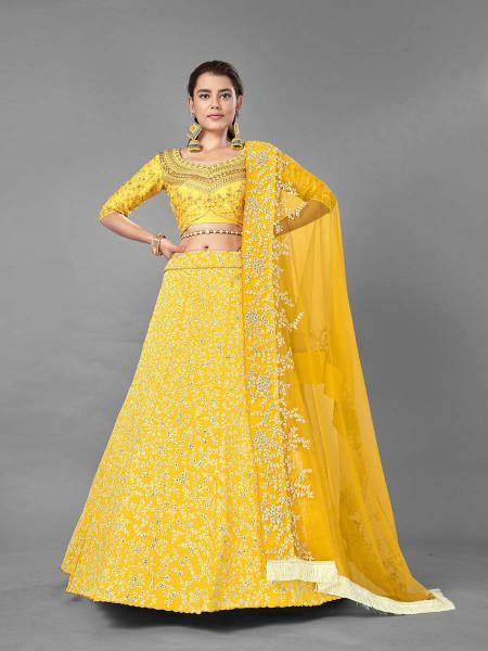 Myra Yellow Heavy Embroidered Art Silk bridal Lehenga | Grocsy