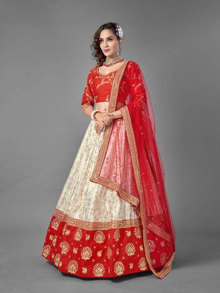 Myra Red Heavy Embroidered Art Silk & Jaquard Bridal Lehenga | Grocsy