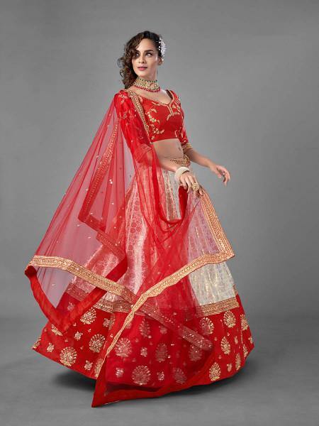 Myra Red Heavy Embroidered Art Silk & Jaquard Bridal Lehenga | Grocsy