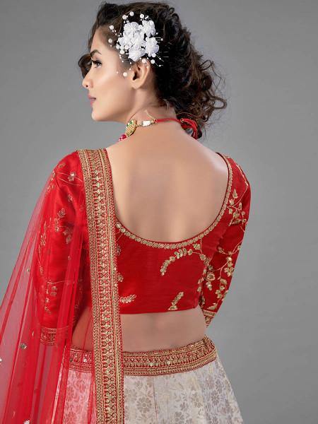 Myra Red Heavy Embroidered Art Silk & Jaquard Bridal Lehenga | Grocsy