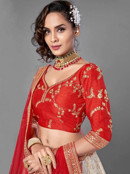 Myra Red Heavy Embroidered Art Silk & Jaquard Bridal Lehenga | Grocsy