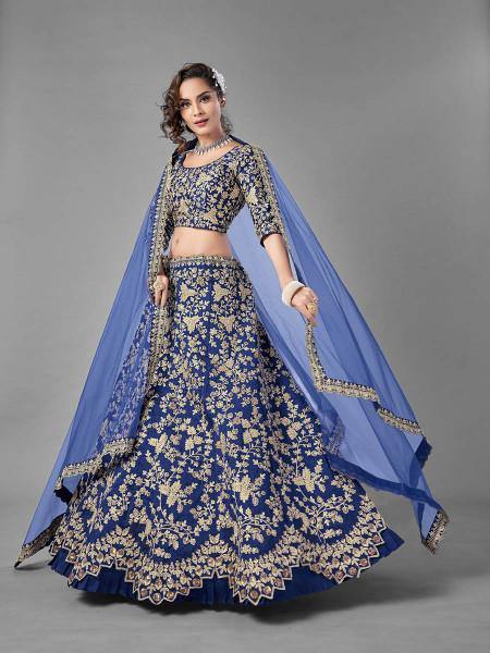 Myra Blue Heavy Embroidered Art Silk Bridal Lehenga | Grocsy