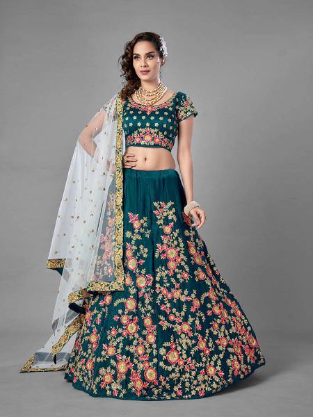 Myra Rama Green Heavy Embroidered Satin Velvet Bridal Lehenga | Grocsy