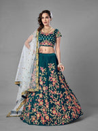 Myra Rama Green Heavy Embroidered Satin Velvet Bridal Lehenga | Grocsy