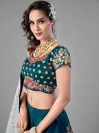 Myra Rama Green Heavy Embroidered Satin Velvet Bridal Lehenga | Grocsy