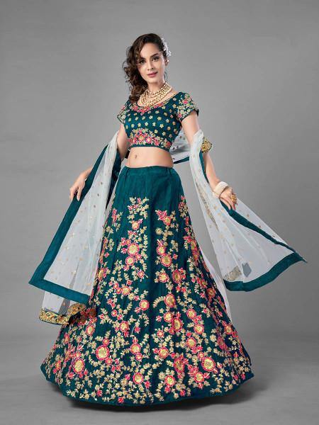Myra Rama Green Heavy Embroidered Satin Velvet Bridal Lehenga | Grocsy