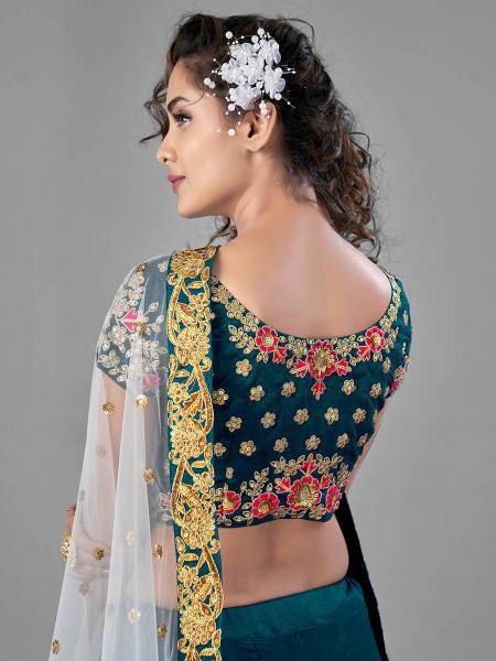 Myra Rama Green Heavy Embroidered Satin Velvet Bridal Lehenga | Grocsy