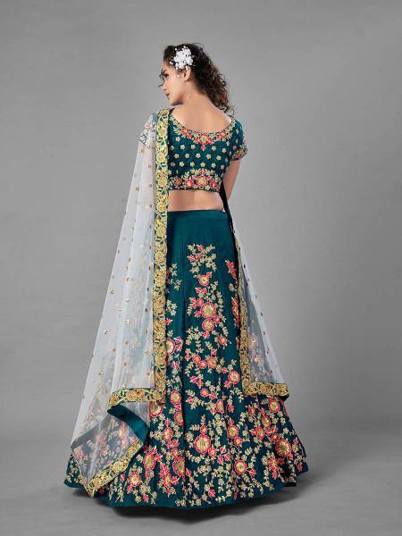 Myra Rama Green Heavy Embroidered Satin Velvet Bridal Lehenga | Grocsy