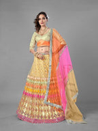 Myra Beige Heavy Embroidered Soft Net Bridal Lehenga | Grocsy