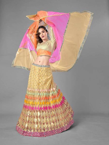 Myra Beige Heavy Embroidered Soft Net Bridal Lehenga | Grocsy