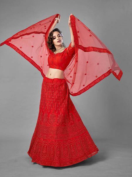 Myra Red Heavy Embroidered Art Silk bridal Lehenga | Grocsy