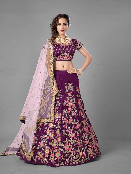 Myra Purple Heavy Embroidered Satin Velvet Bridal Lehenga | Grocsy