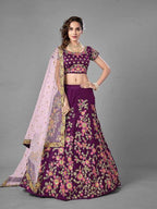 Myra Purple Heavy Embroidered Satin Velvet Bridal Lehenga | Grocsy